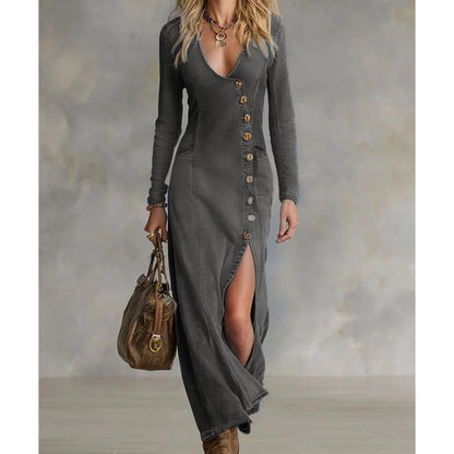 💎 52% OFF! 💎 Women's Long Sleeve V-Neck Maxi Dress – Soft Fabric, Bodycon Fit & Elegant High Slit 👗✨
