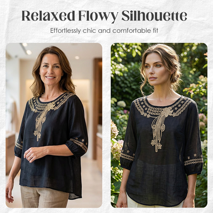 👚 LIMITED-TIME 50% OFF! 💥 Women's Embroidered Cotton-Linen Blend Blouse – Floral Cutouts, Round Neck, Relaxed Fit ✨