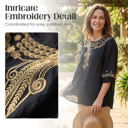 👚 LIMITED-TIME 50% OFF! 💥 Women's Embroidered Cotton-Linen Blend Blouse – Floral Cutouts, Round Neck, Relaxed Fit ✨