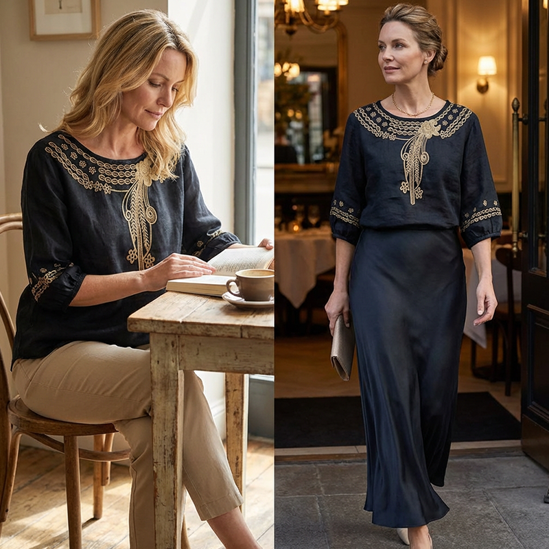 👚 LIMITED-TIME 50% OFF! 💥 Women's Embroidered Cotton-Linen Blend Blouse – Floral Cutouts, Round Neck, Relaxed Fit ✨