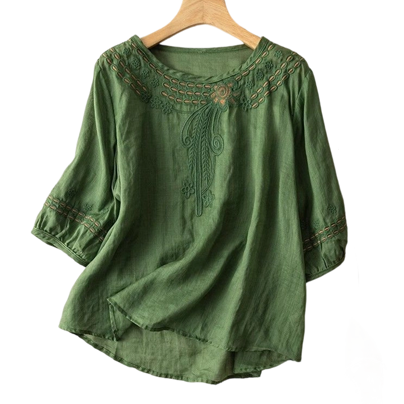 👚 LIMITED-TIME 50% OFF! 💥 Women's Embroidered Cotton-Linen Blend Blouse – Floral Cutouts, Round Neck, Relaxed Fit ✨