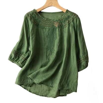 👚 LIMITED-TIME 50% OFF! 💥 Women's Embroidered Cotton-Linen Blend Blouse – Floral Cutouts, Round Neck, Relaxed Fit ✨
