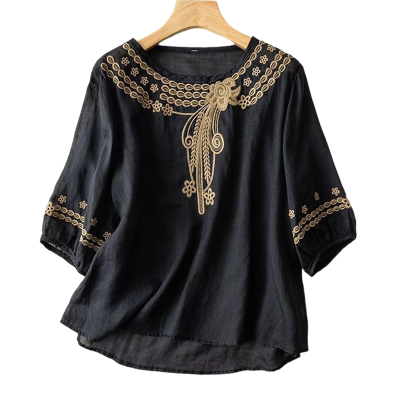 👚 LIMITED-TIME 50% OFF! 💥 Women's Embroidered Cotton-Linen Blend Blouse – Floral Cutouts, Round Neck, Relaxed Fit ✨