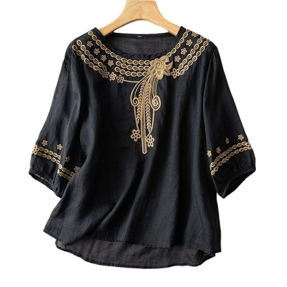 👚 LIMITED-TIME 50% OFF! 💥 Women's Embroidered Cotton-Linen Blend Blouse – Floral Cutouts, Round Neck, Relaxed Fit ✨