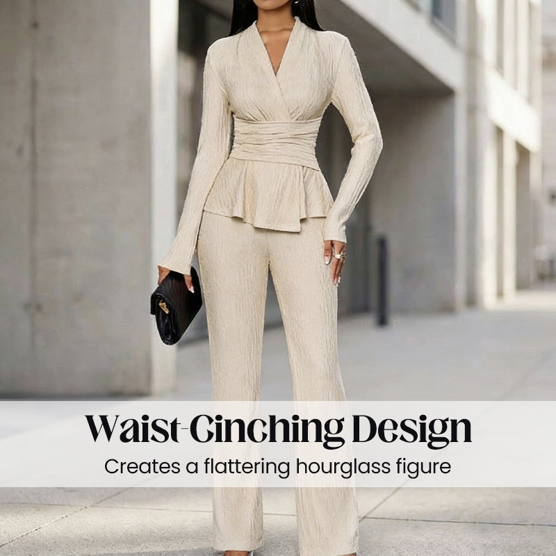 💎 60% OFF! 💎 Women's Peplum Top & Pants 2-Piece Set – Wrap Waist, Crossover V-Neck & Textured Fabric (3 Colors) 👗🖤