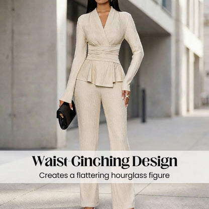 💎 60% OFF! 💎 Women's Peplum Top & Pants 2-Piece Set – Wrap Waist, Crossover V-Neck & Textured Fabric (3 Colors) 👗🖤