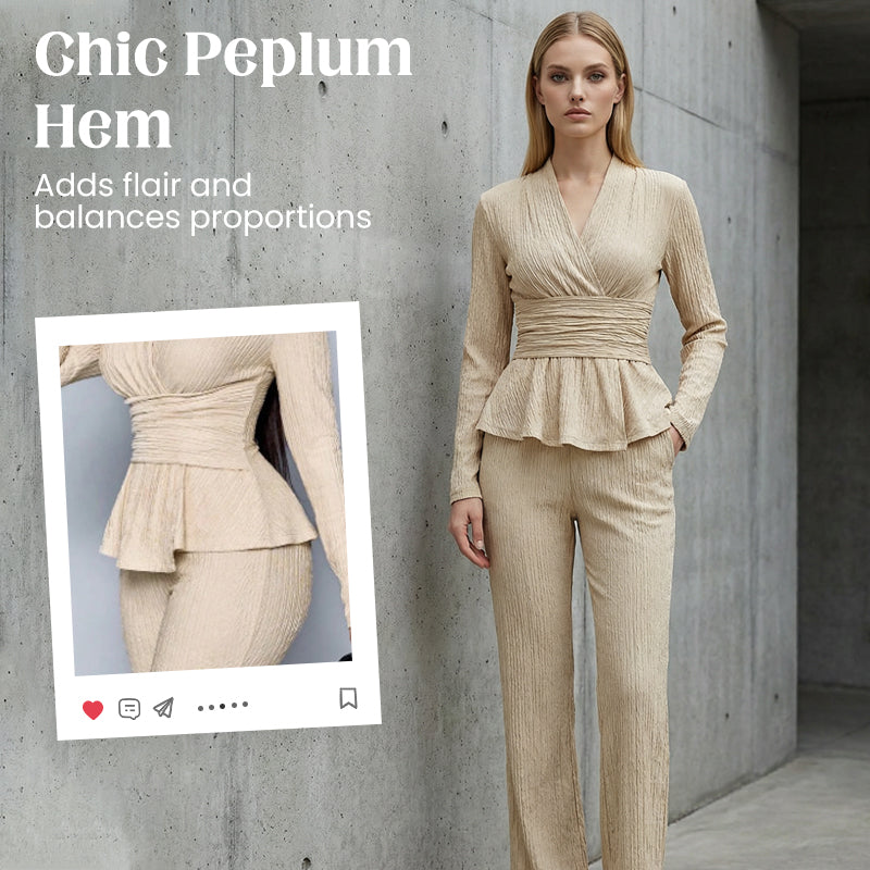 💎 60% OFF! 💎 Women's Peplum Top & Pants 2-Piece Set – Wrap Waist, Crossover V-Neck & Textured Fabric (3 Colors) 👗🖤