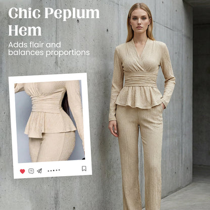 💎 60% OFF! 💎 Women's Peplum Top & Pants 2-Piece Set – Wrap Waist, Crossover V-Neck & Textured Fabric (3 Colors) 👗🖤