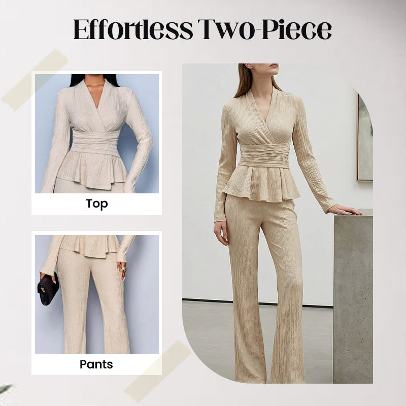 💎 60% OFF! 💎 Women's Peplum Top & Pants 2-Piece Set – Wrap Waist, Crossover V-Neck & Textured Fabric (3 Colors) 👗🖤