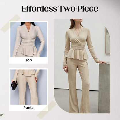 💎 60% OFF! 💎 Women's Peplum Top & Pants 2-Piece Set – Wrap Waist, Crossover V-Neck & Textured Fabric (3 Colors) 👗🖤