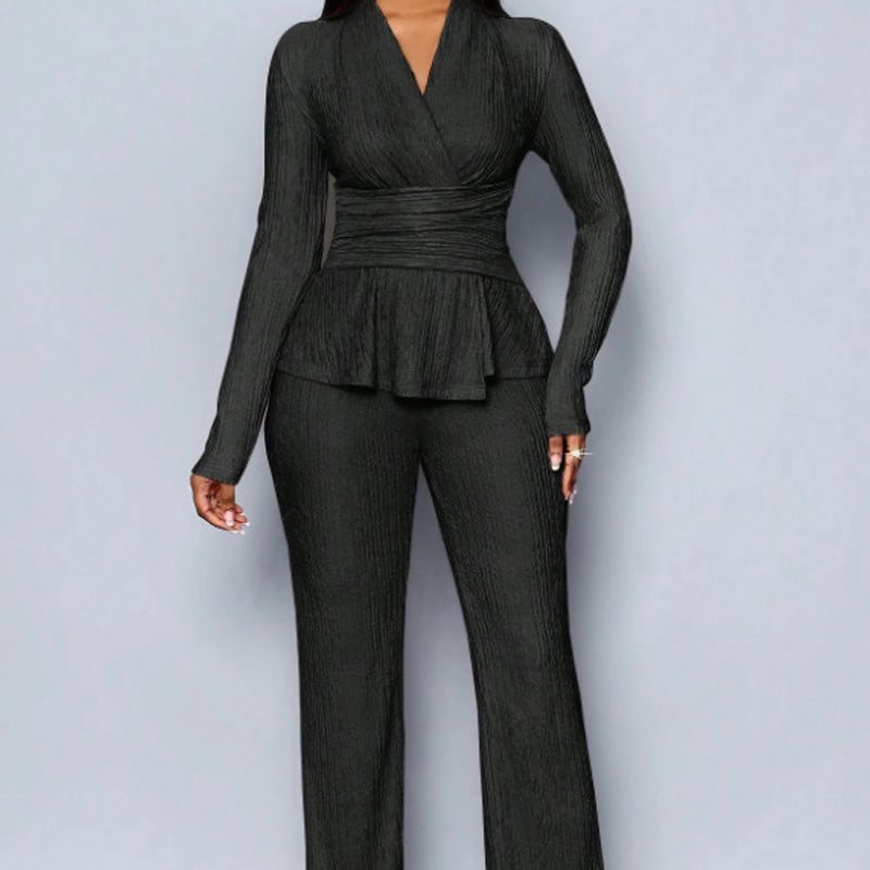 💎 60% OFF! 💎 Women's Peplum Top & Pants 2-Piece Set – Wrap Waist, Crossover V-Neck & Textured Fabric (3 Colors) 👗🖤