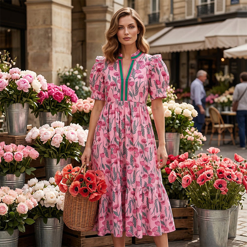 💎 56% OFF! 💎 Women's Floral Puff Sleeve Maxi Dress – Flowy Tiered Silhouette, V-Neck & Breathable Polyester (S–3XL) 🌸👗