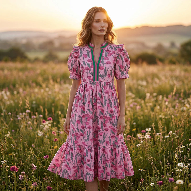 💎 56% OFF! 💎 Women's Floral Puff Sleeve Maxi Dress – Flowy Tiered Silhouette, V-Neck & Breathable Polyester (S–3XL) 🌸👗