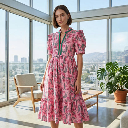 💎 56% OFF! 💎 Women's Floral Puff Sleeve Maxi Dress – Flowy Tiered Silhouette, V-Neck & Breathable Polyester (S–3XL) 🌸👗