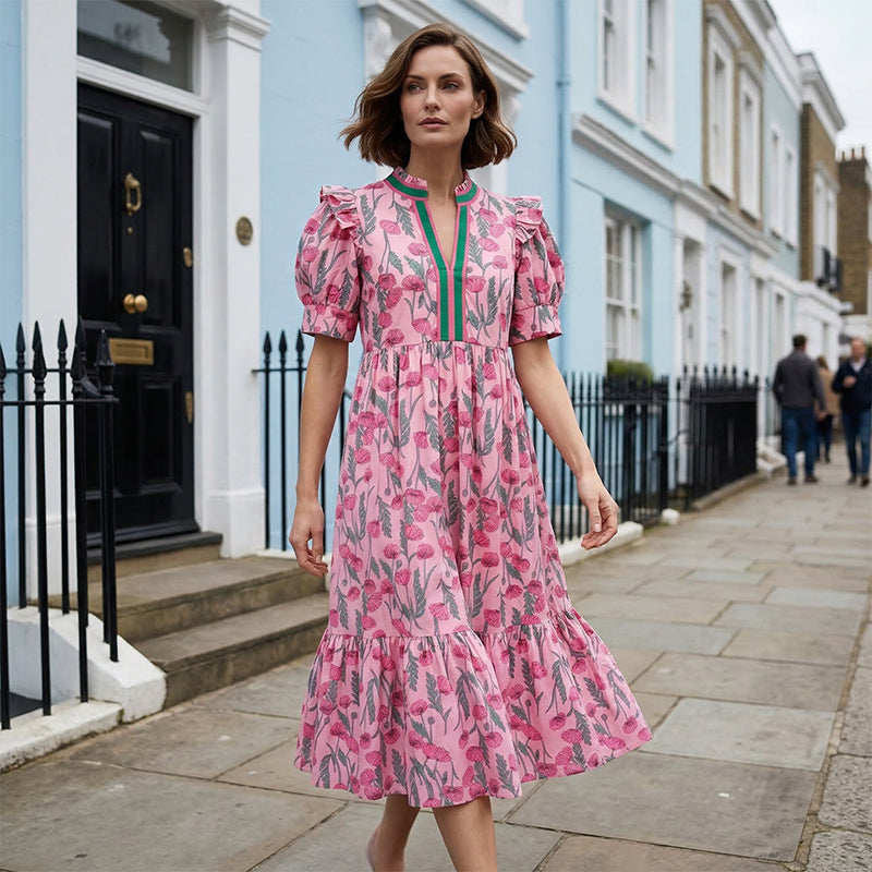 💎 56% OFF! 💎 Women's Floral Puff Sleeve Maxi Dress – Flowy Tiered Silhouette, V-Neck & Breathable Polyester (S–3XL) 🌸👗