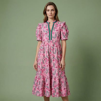 💎 56% OFF! 💎 Women's Floral Puff Sleeve Maxi Dress – Flowy Tiered Silhouette, V-Neck & Breathable Polyester (S–3XL) 🌸👗