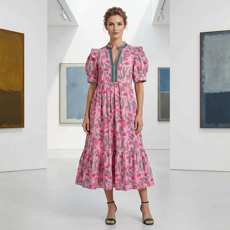 💎 56% OFF! 💎 Women's Floral Puff Sleeve Maxi Dress – Flowy Tiered Silhouette, V-Neck & Breathable Polyester (S–3XL) 🌸👗