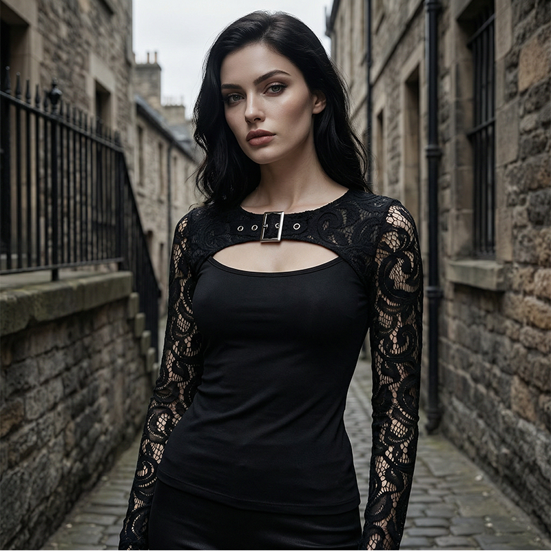 ⏳Time-Limited Special⏰Women's Sexy Cutout Lace Sleeve Top – Edgy Buckle Detail, Stretch Fit & Romantic Sheer Sleeves 🔥🖤