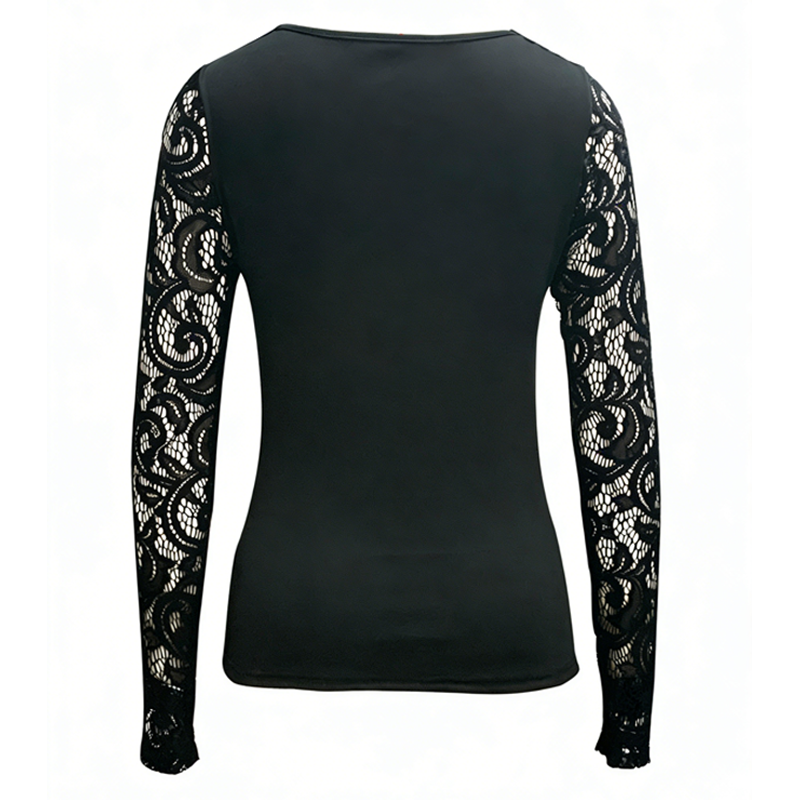 ⏳Time-Limited Special⏰Women's Sexy Cutout Lace Sleeve Top – Edgy Buckle Detail, Stretch Fit & Romantic Sheer Sleeves 🔥🖤