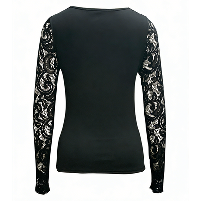 ⏳Time-Limited Special⏰Women's Sexy Cutout Lace Sleeve Top – Edgy Buckle Detail, Stretch Fit & Romantic Sheer Sleeves 🔥🖤