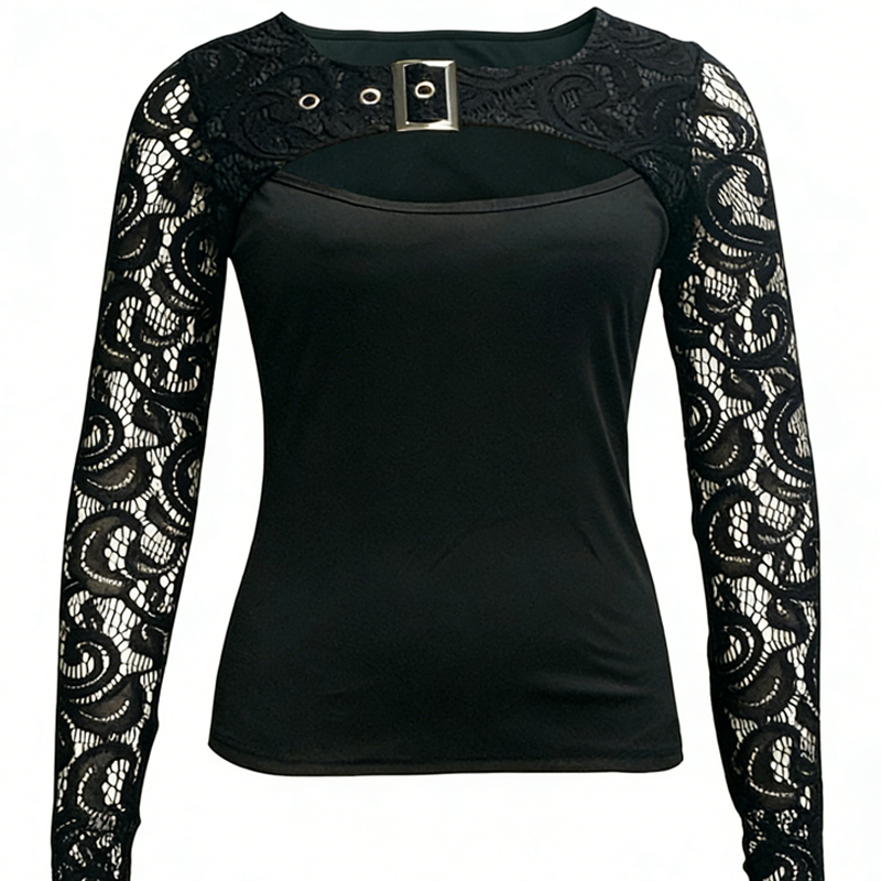 ⏳Time-Limited Special⏰Women's Sexy Cutout Lace Sleeve Top – Edgy Buckle Detail, Stretch Fit & Romantic Sheer Sleeves 🔥🖤