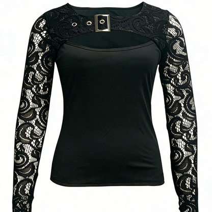 ⏳Time-Limited Special⏰Women's Sexy Cutout Lace Sleeve Top – Edgy Buckle Detail, Stretch Fit & Romantic Sheer Sleeves 🔥🖤