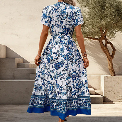 Blue Floral Print V-Neck Belted Long Dress