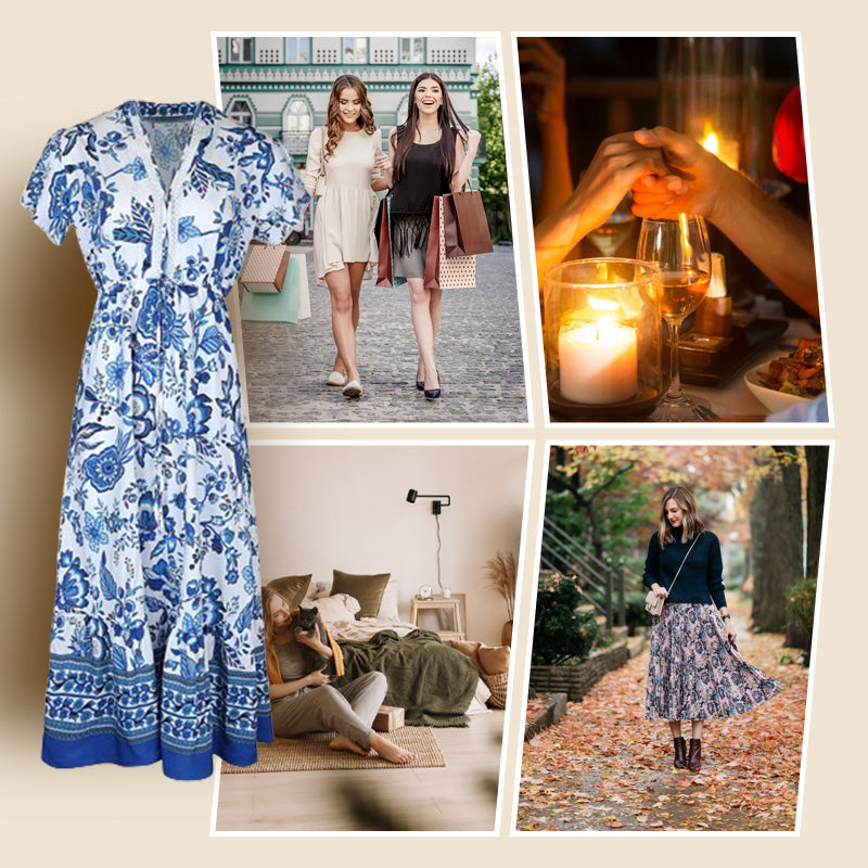 Blue Floral Print V-Neck Belted Long Dress