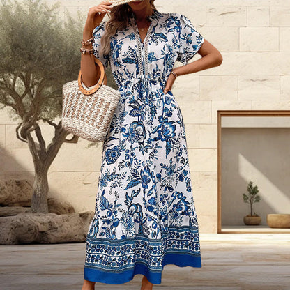 Blue Floral Print V-Neck Belted Long Dress