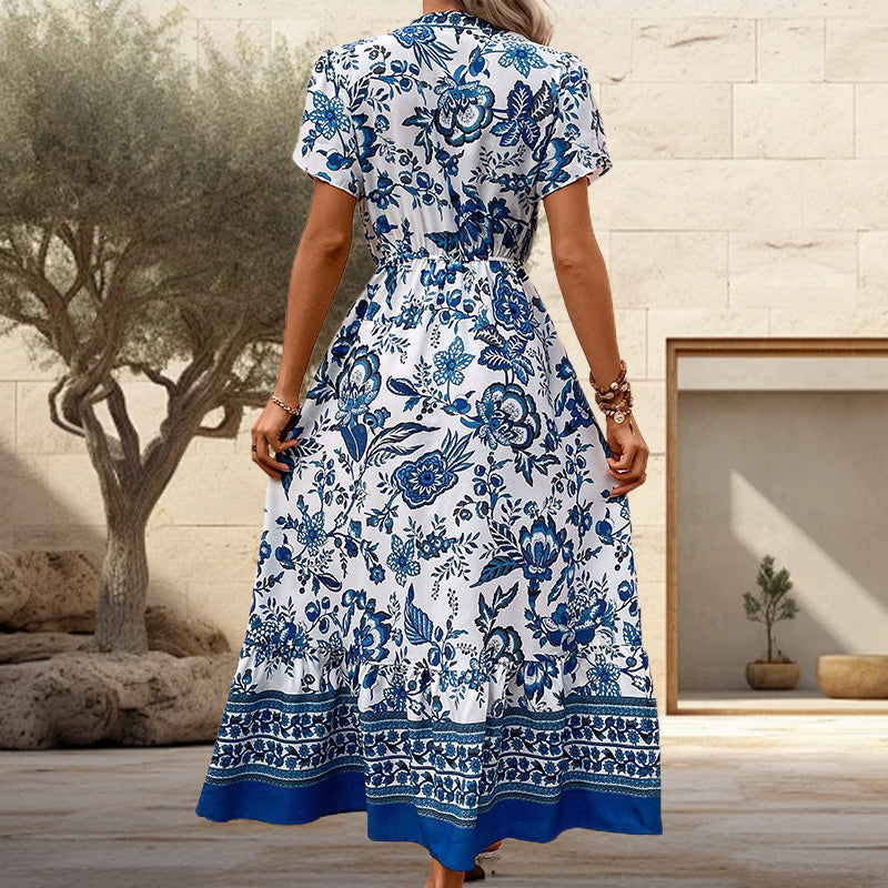 Blue Floral Print V-Neck Belted Long Dress