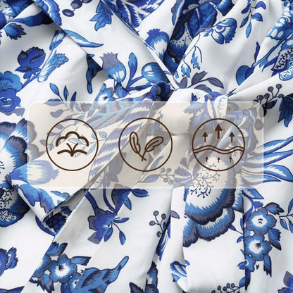 Blue Floral Print V-Neck Belted Long Dress