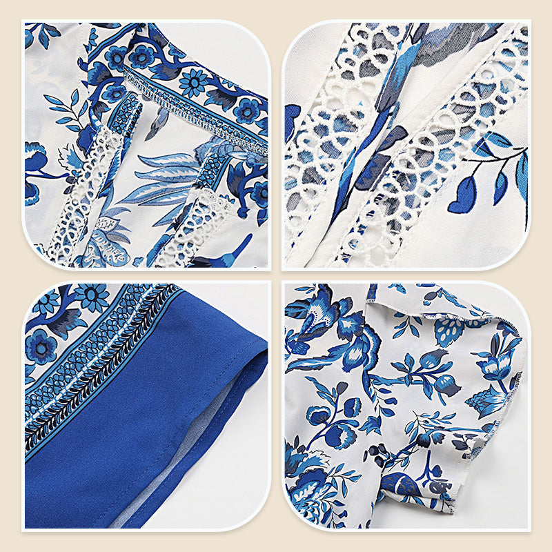 Blue Floral Print V-Neck Belted Long Dress