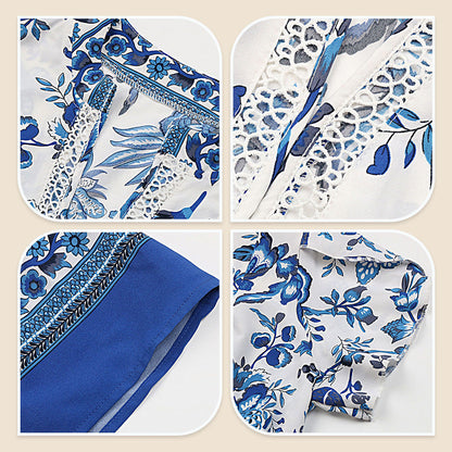 Blue Floral Print V-Neck Belted Long Dress