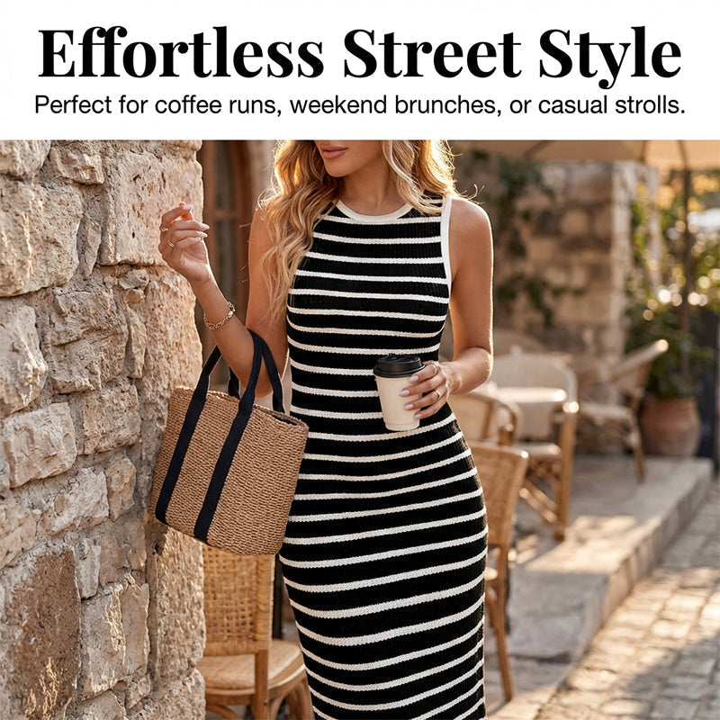 👗 50% OFF NOW! 🧶 Sleeveless Striped Ribbed Knit Dress – Timeless Chic & Bodycon Fit 🌞