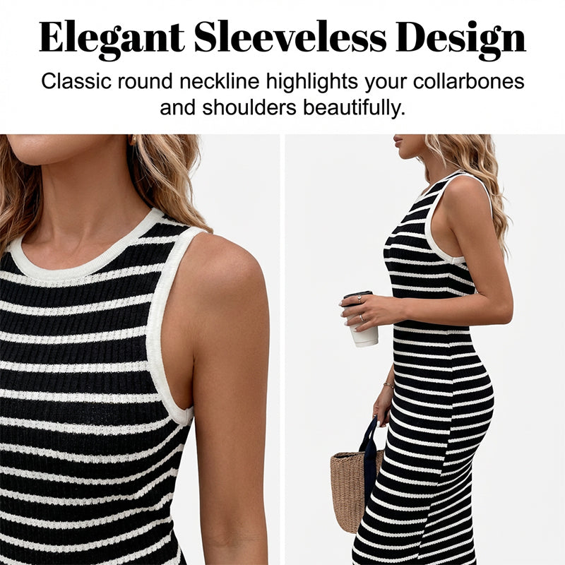 👗 50% OFF NOW! 🧶 Sleeveless Striped Ribbed Knit Dress – Timeless Chic & Bodycon Fit 🌞