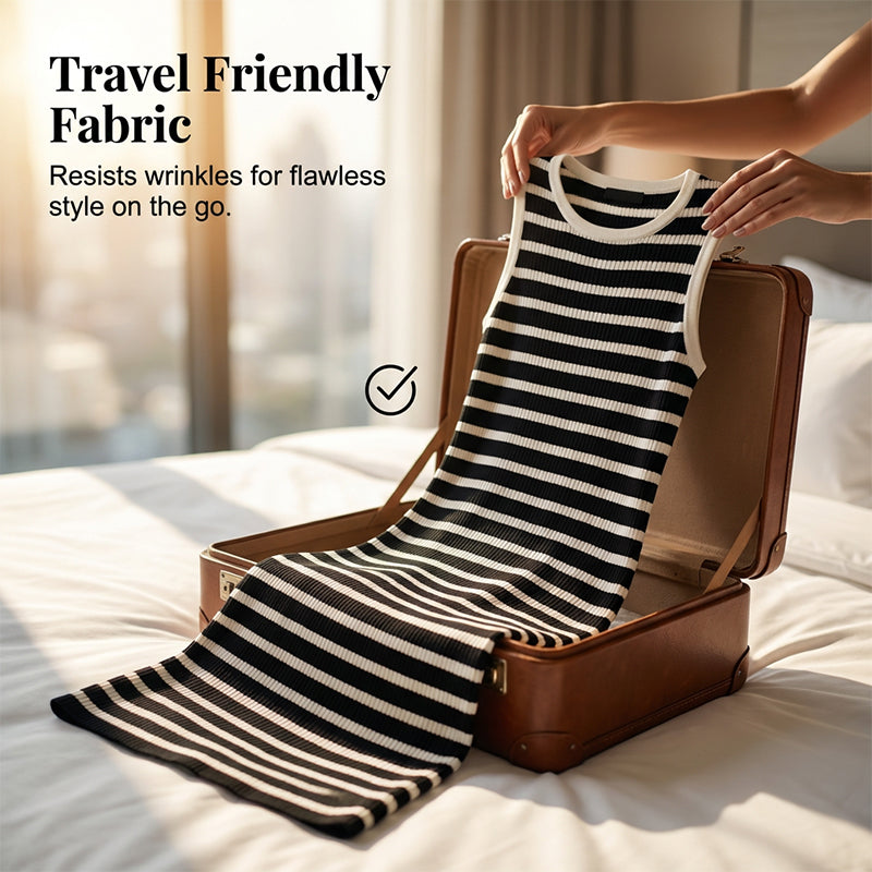 👗 50% OFF NOW! 🧶 Sleeveless Striped Ribbed Knit Dress – Timeless Chic & Bodycon Fit 🌞