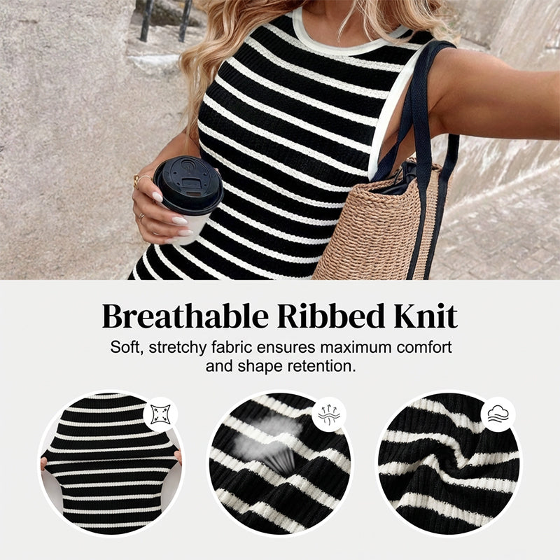 👗 50% OFF NOW! 🧶 Sleeveless Striped Ribbed Knit Dress – Timeless Chic & Bodycon Fit 🌞