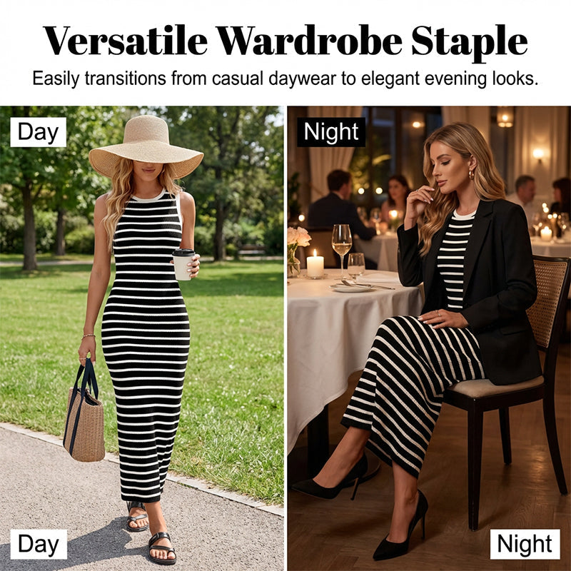 👗 50% OFF NOW! 🧶 Sleeveless Striped Ribbed Knit Dress – Timeless Chic & Bodycon Fit 🌞