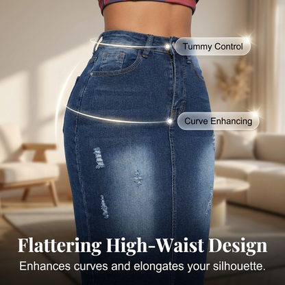 💎 -50% HIGH-WAIST FRAYED DENIM SKIRT! 💎 Vintage Distressed, A-Line Fit & Stretch Comfort – The Ultimate Wardrobe Staple