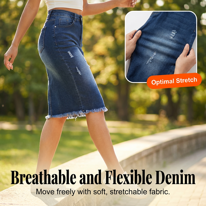 💎 -50% HIGH-WAIST FRAYED DENIM SKIRT! 💎 Vintage Distressed, A-Line Fit & Stretch Comfort – The Ultimate Wardrobe Staple