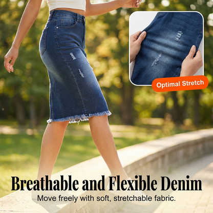 💎 -50% HIGH-WAIST FRAYED DENIM SKIRT! 💎 Vintage Distressed, A-Line Fit & Stretch Comfort – The Ultimate Wardrobe Staple