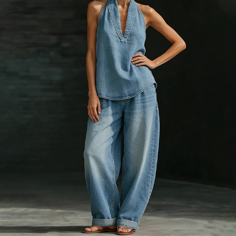 👗 50% OFF NOW! 👖 Vintage Washed Halter Top & Wide-Leg Pants – Retro Chic & Soft Denim ✨