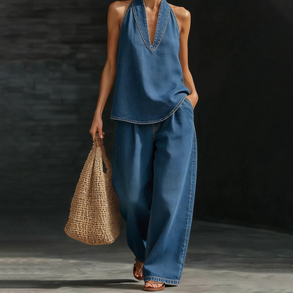 👗 50% OFF NOW! 👖 Vintage Washed Halter Top & Wide-Leg Pants – Retro Chic & Soft Denim ✨