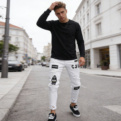 🔥 57% OFF NOW! 👖 Men's Ripped Skinny Jeans – Edgy Patchwork & Durable Denim 🎨👟