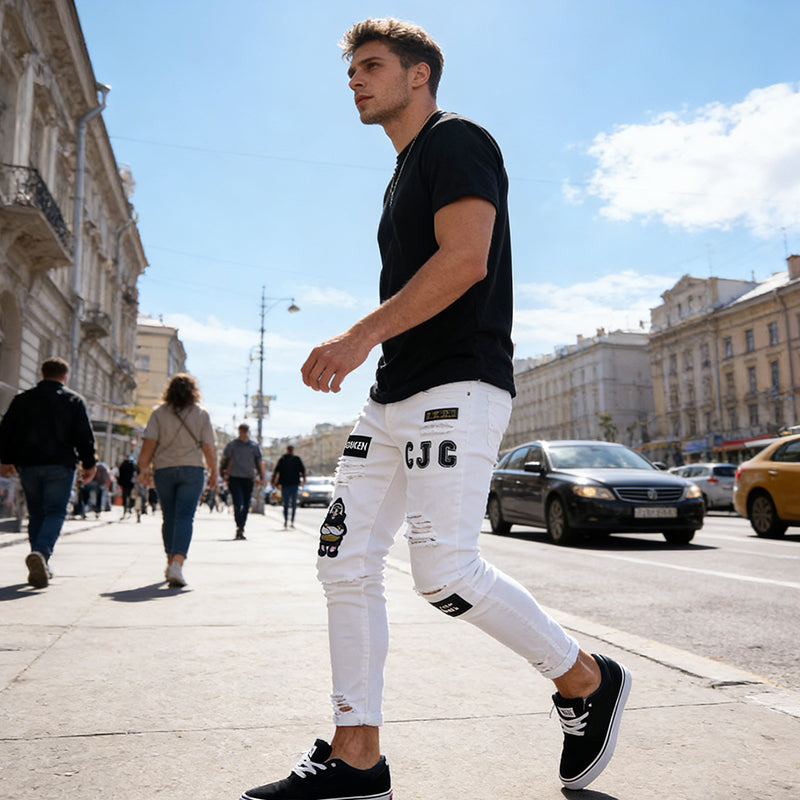 🔥 57% OFF NOW! 👖 Men's Ripped Skinny Jeans – Edgy Patchwork & Durable Denim 🎨👟