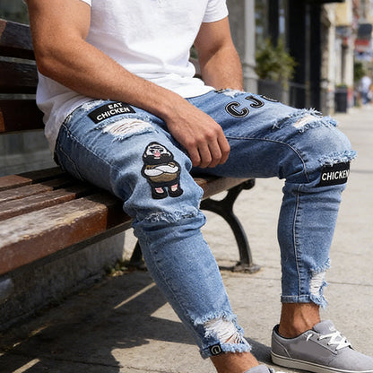 🔥 57% OFF NOW! 👖 Men's Ripped Skinny Jeans – Edgy Patchwork & Durable Denim 🎨👟