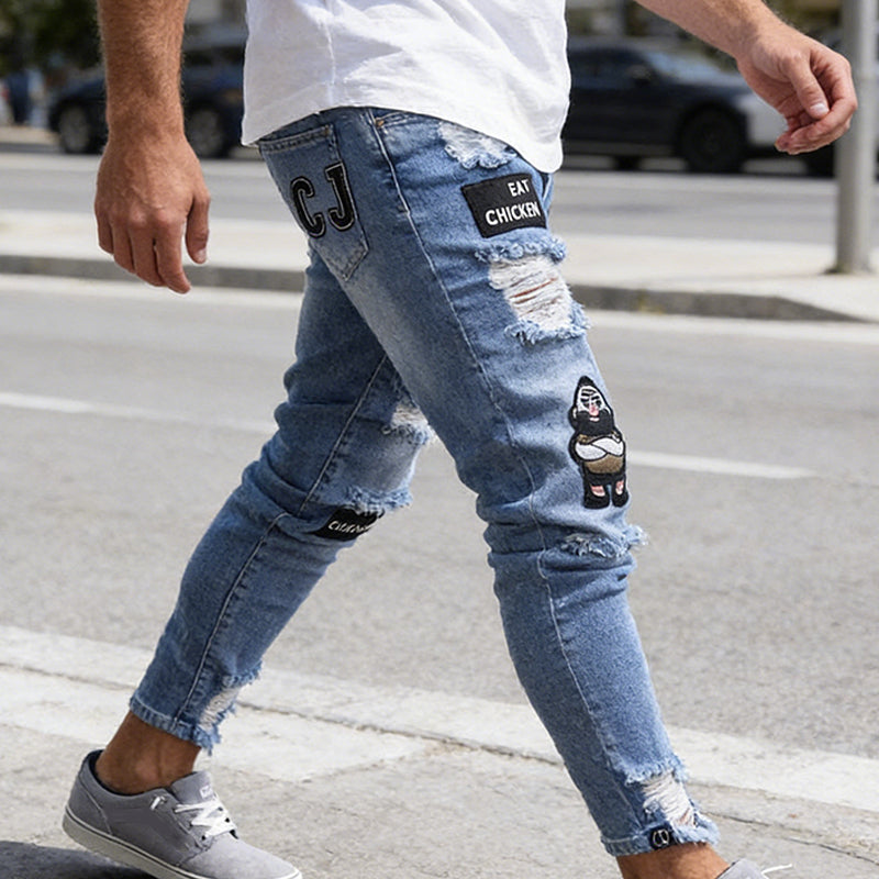🔥 57% OFF NOW! 👖 Men's Ripped Skinny Jeans – Edgy Patchwork & Durable Denim 🎨👟