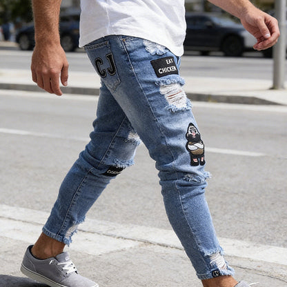 🔥 57% OFF NOW! 👖 Men's Ripped Skinny Jeans – Edgy Patchwork & Durable Denim 🎨👟