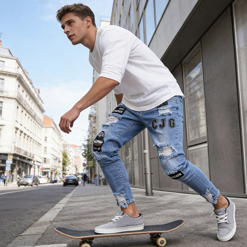 🔥 57% OFF NOW! 👖 Men's Ripped Skinny Jeans – Edgy Patchwork & Durable Denim 🎨👟