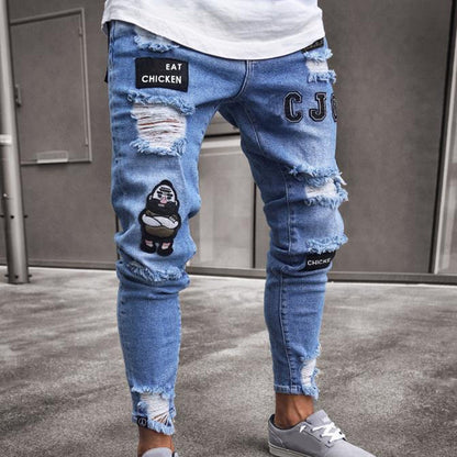 🔥 57% OFF NOW! 👖 Men's Ripped Skinny Jeans – Edgy Patchwork & Durable Denim 🎨👟